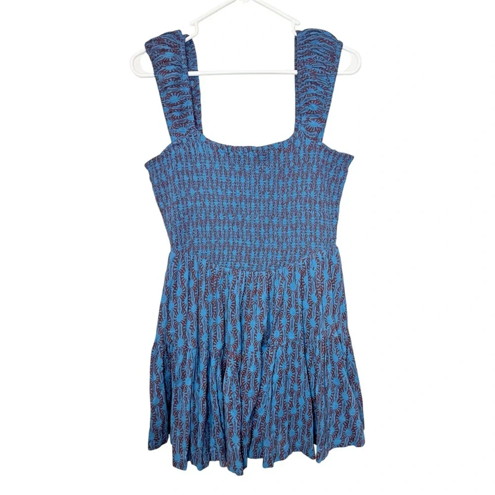 Free People Sweet Annie Mini Dress Blue Print Smocked Tiered Square Neck Womens - Picture 5 of 5